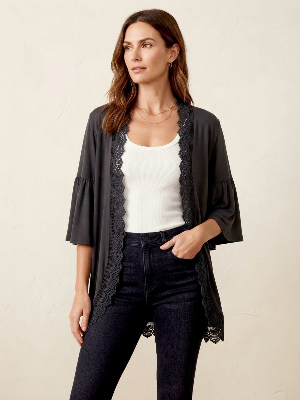 NWT Maurices Black Open Front Crochet Lace Cardigan Kimono Top XL